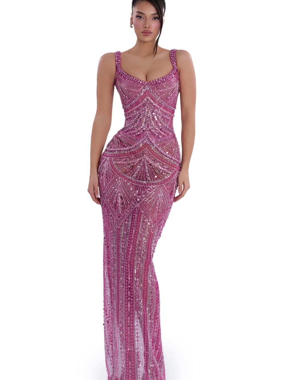 Albina Dyla Embellished Pink Beaded Maxi Dress with Scoop Neck
